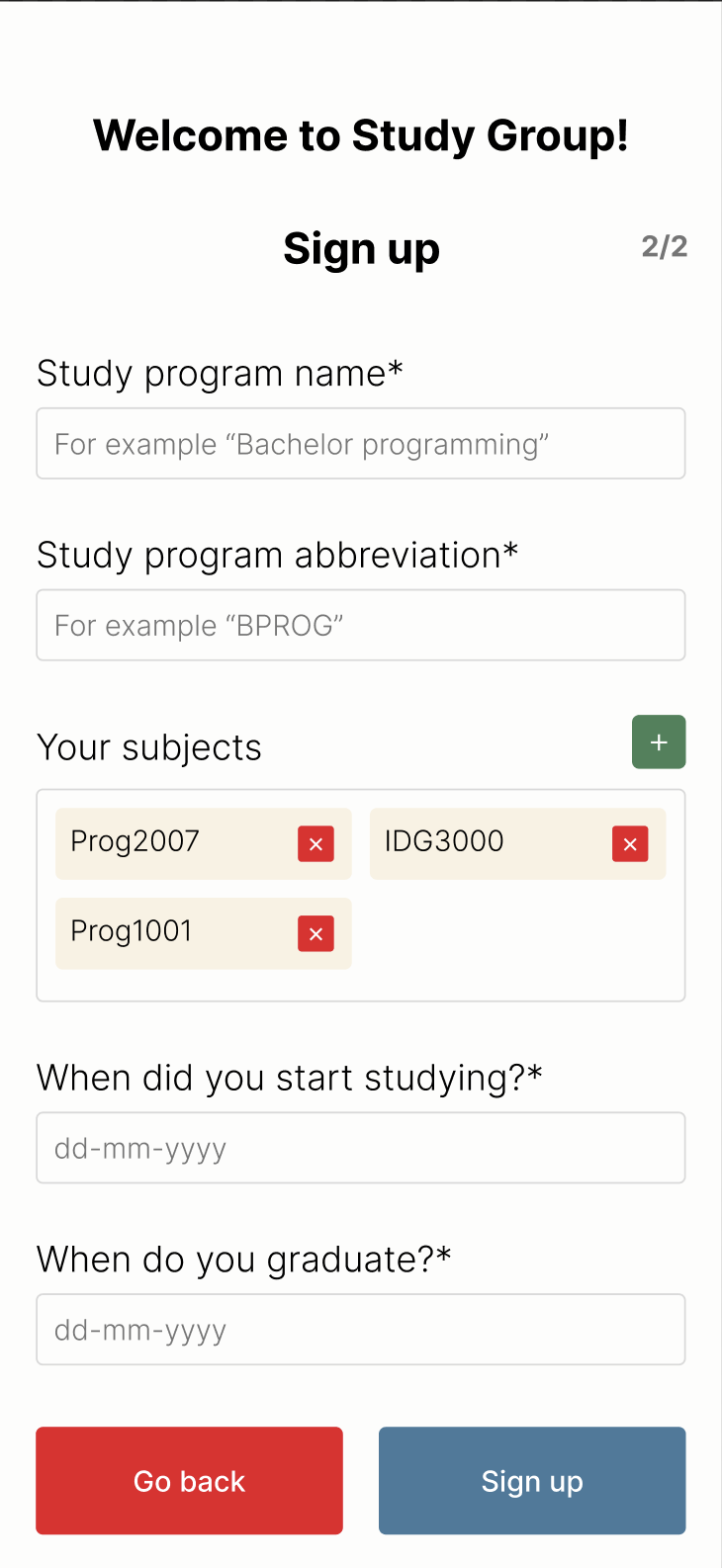 StudyGroup registreringsside 2